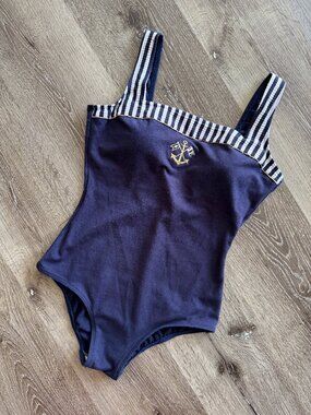 Vintage 1980s Body I.D. Maritime Swimsuit | Navy Striped Nautical One Piece S